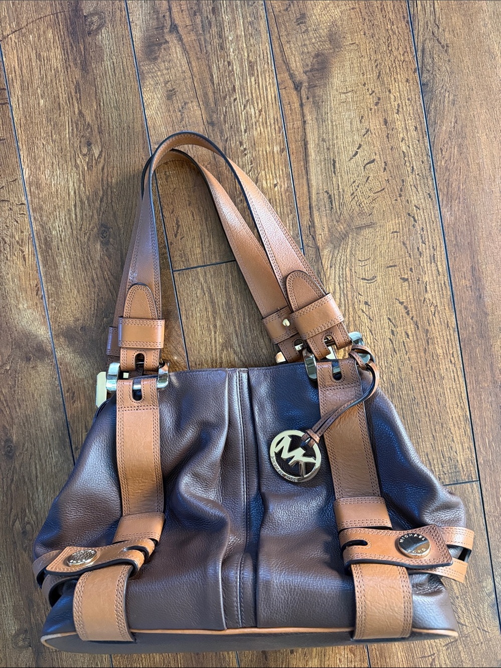 Michael Kors Dark Brown Leather Shoulder Bag with Tan Straps